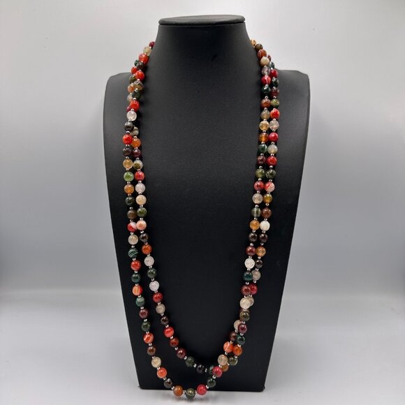 Multicolor Agate Gemstone Necklace Faceted Round Beads Polished Long 60 Inch - Picture 10 of 12